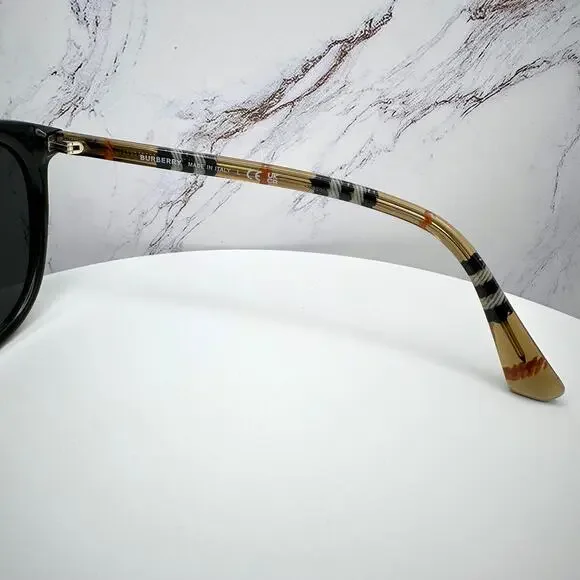 New Burberry Sunglasses Black Front Round Pantos Frame Checkered Arms Gray Lens - Picture 12 of 16